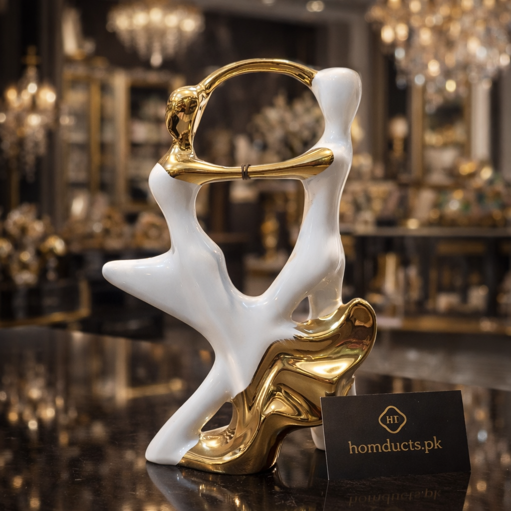 Luxury Abstract Couple Sculpture – White & Gold Ceramic Showpiece | Homducts.pk