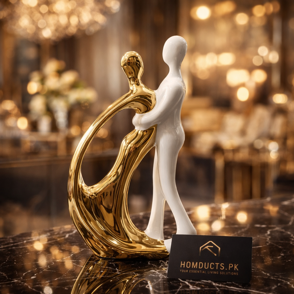 Luxury Abstract Couple Sculpture – Modern Gold & White Ceramic Art Showpiece
