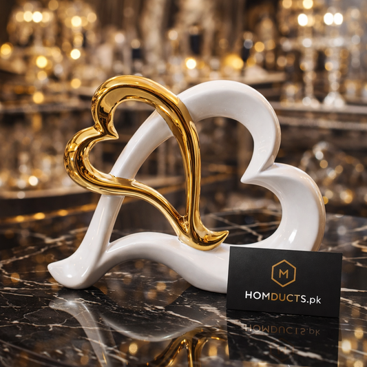 Luxury Intertwined Heart Ceramic Showpiece – Gold & White Decorative Sculpture