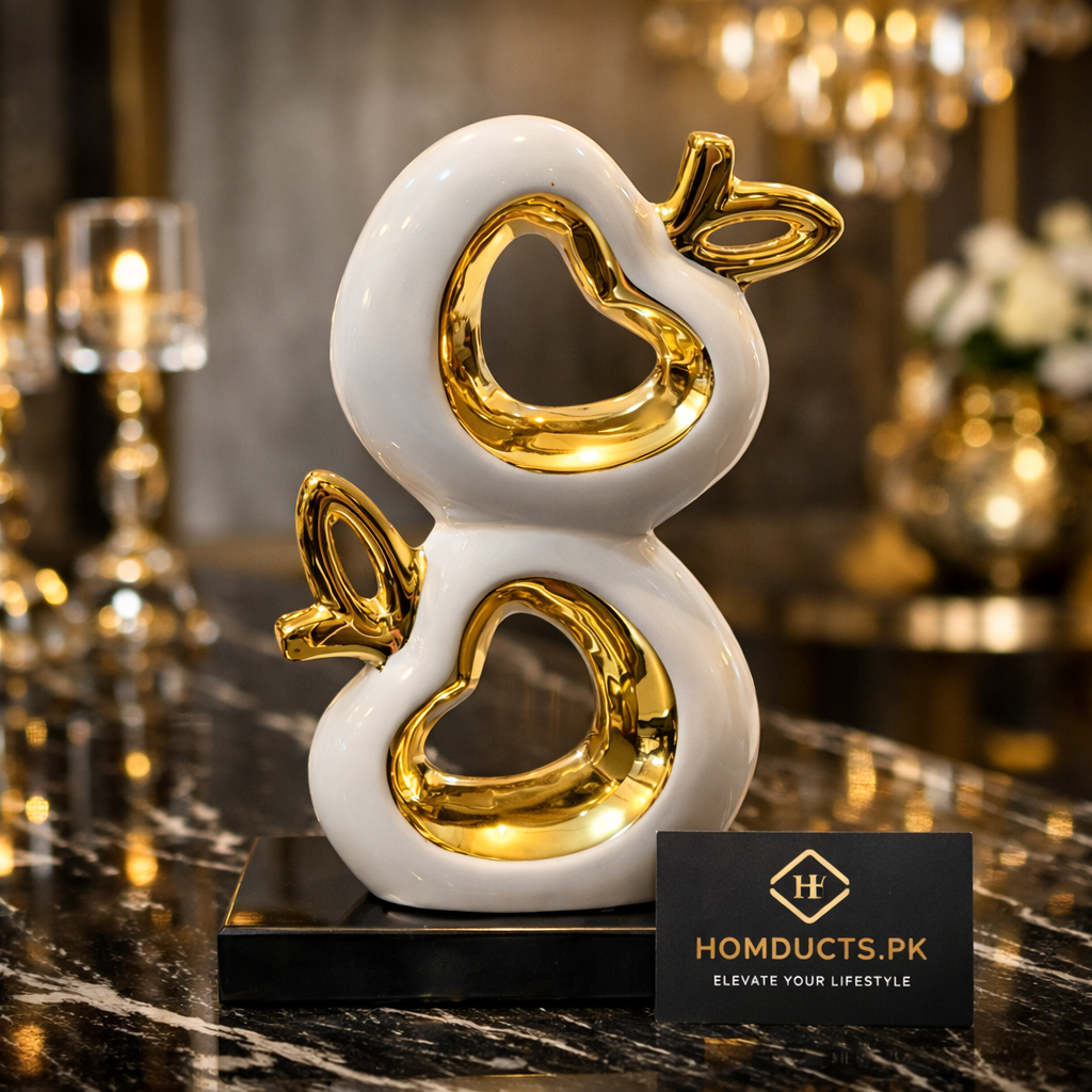 Luxury Double Heart Apple Ceramic Showpiece – White & Gold Decorative Sculpture