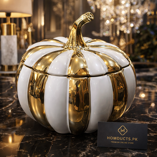 Luxury White & Gold Ceramic Pumpkin Décor Jar – Premium Home Accent | Homducts.pk