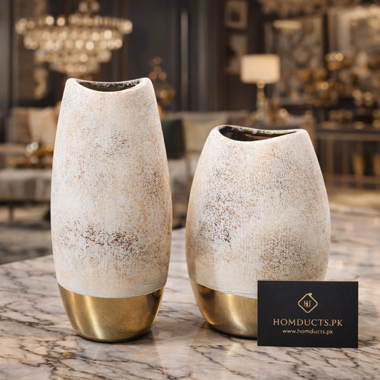 Luxury Textured Ceramic Vase with Brass Base – Modern Decorative Vase | Homducts.pk