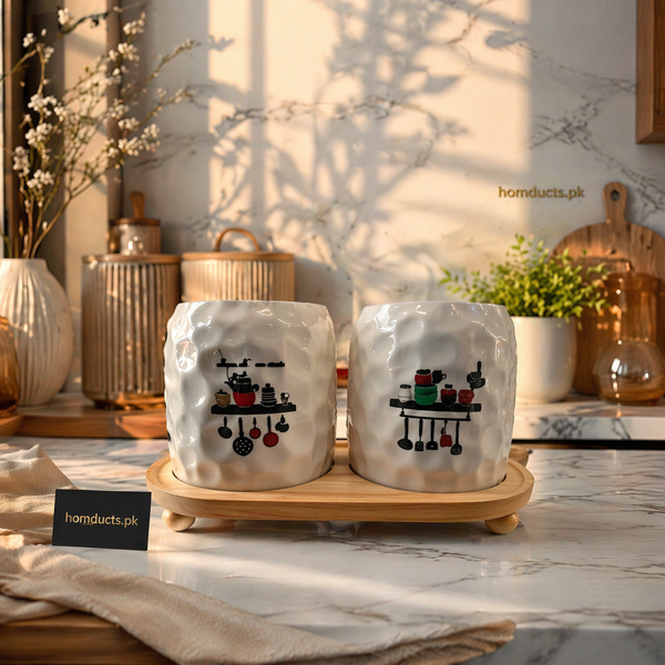 Luxury Dual Ceramic Kitchen Storage Jars Set with Wooden Tray – Airtight Multi-Purpose Countertop Organizer