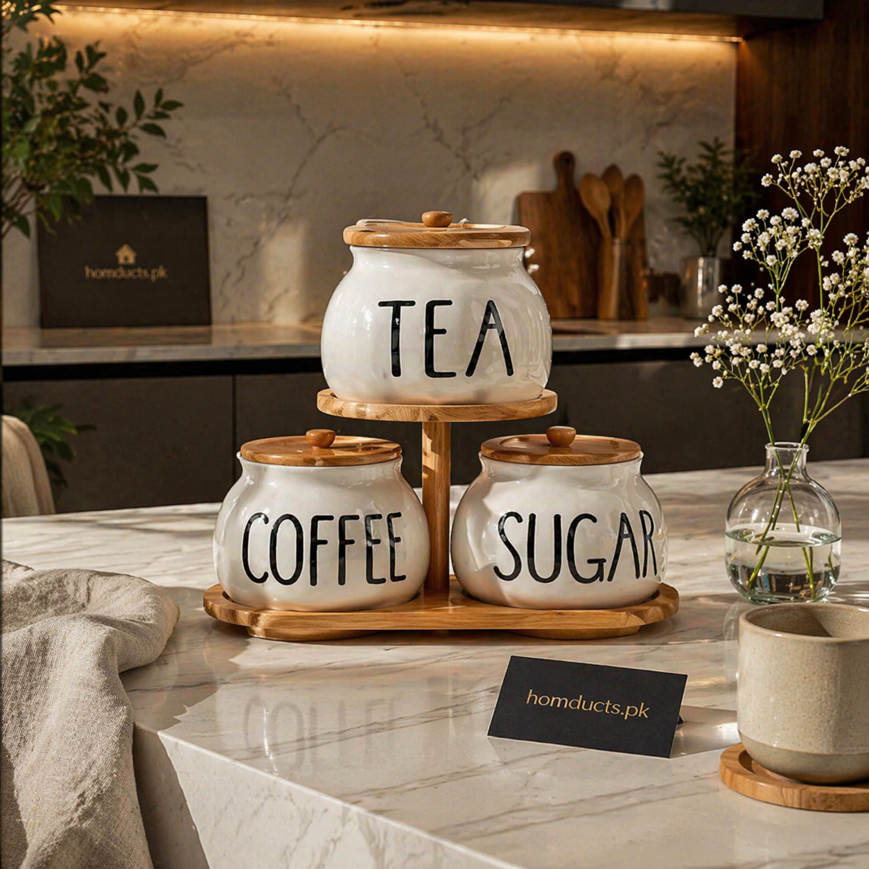 Luxury Ceramic Tea Coffee Sugar Jar Set with Wooden Stand – Premium Kitchen Organizer Storage Set (3 Piece)