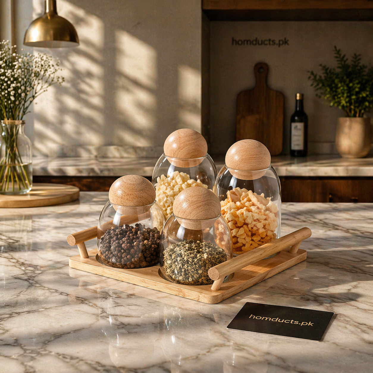 Premium Glass Spice Jar Set with Wooden Lid & Tray – Luxury Kitchen Organizer (4-Piece Set)