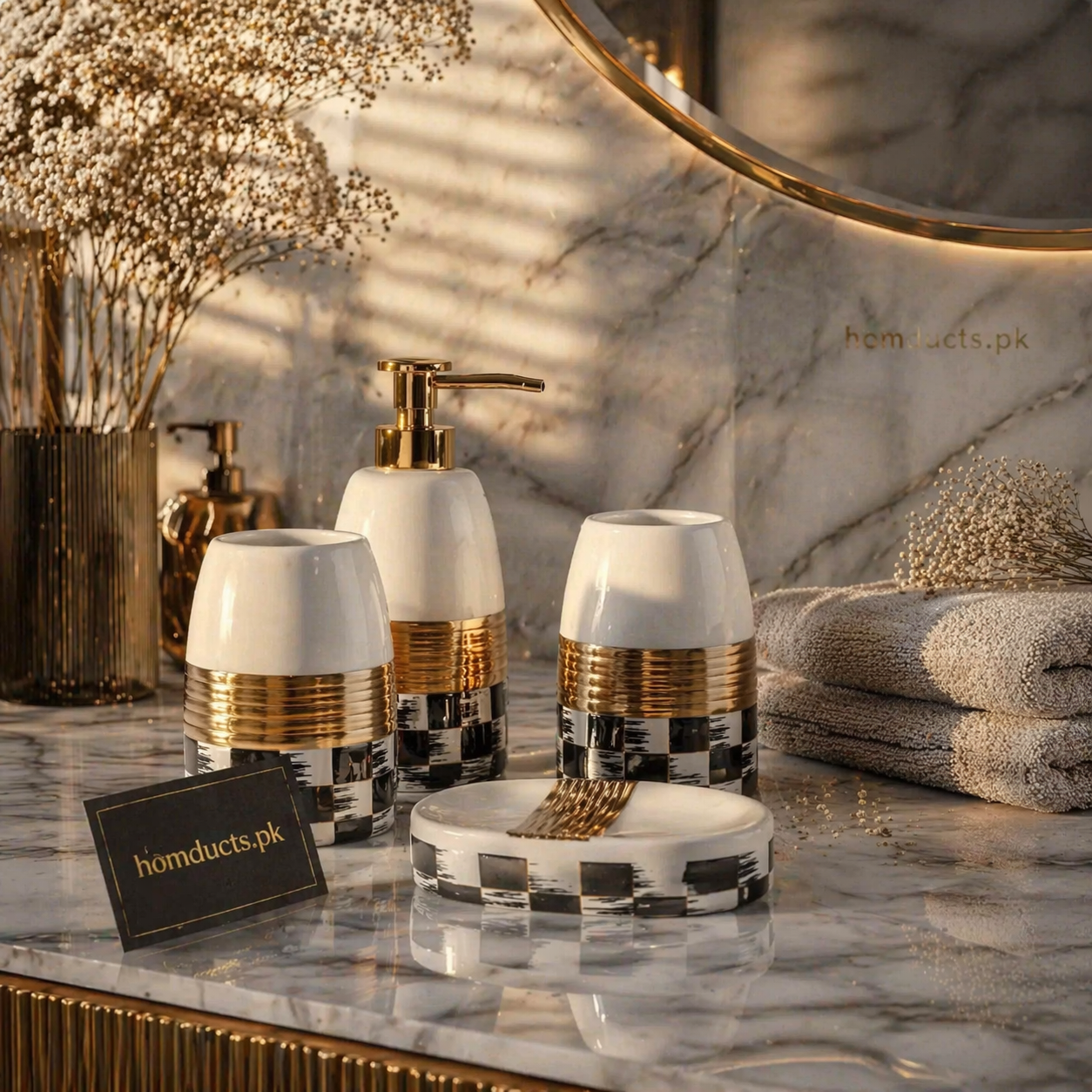 Luxury 4-Piece Ceramic Bathroom Accessories Set with Soap Dispenser, Toothbrush Holder, Tumbler & Soap Dish