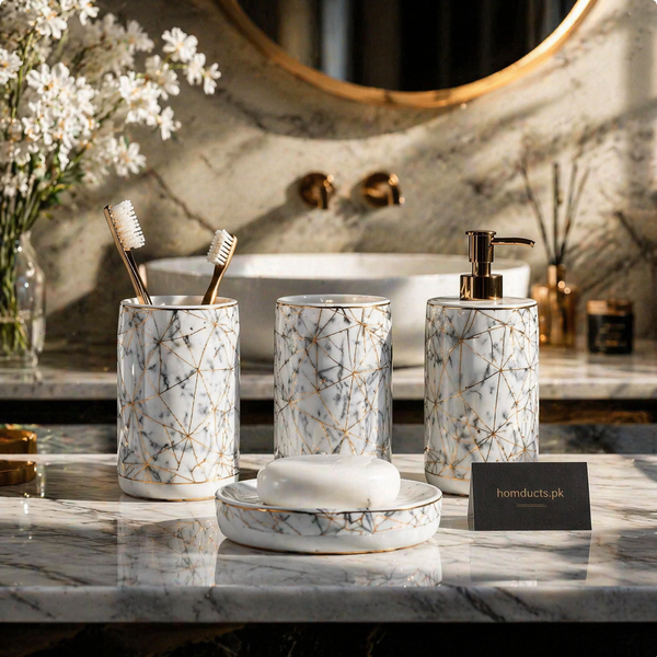 Luxury Marble Style 4-Piece Bathroom Accessories Set – Soap Dispenser, Toothbrush Holder, Tumbler & Soap Dish