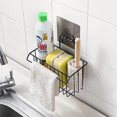 Wall Mounted Kitchen Sink Sponge Holder Basket – Rustproof Iron Soap & Scrubber Organizer Rack