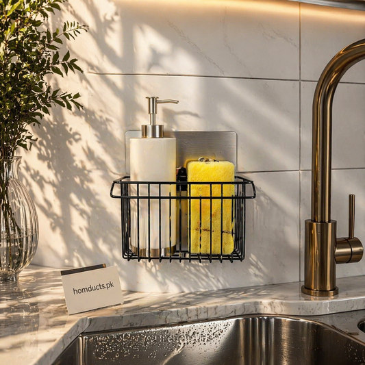 Wall Mounted Kitchen Sink Sponge Holder Basket – Rustproof Iron Soap & Scrubber Organizer Rack