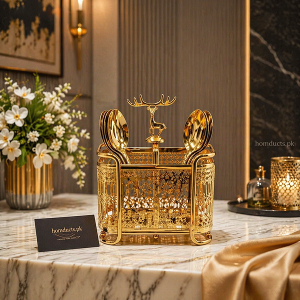 Luxury Deer Crown Cutlery Holder – Premium Metal Spoon & Fork Organizer Stand for Dining & Kitchen
