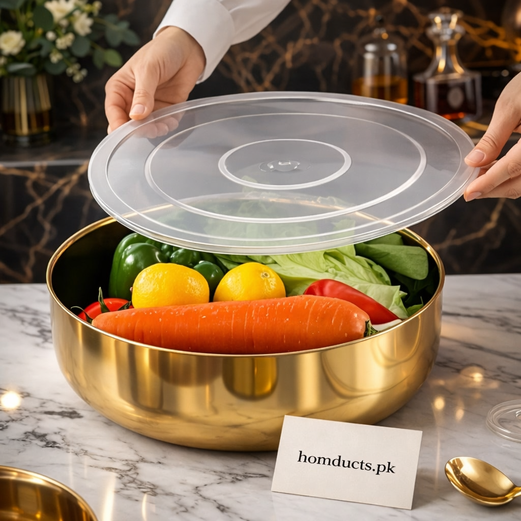 Premium Gold Stainless Steel Food Storage Bowl with Transparent Airtight Lid – Multipurpose Kitchen Serving Container