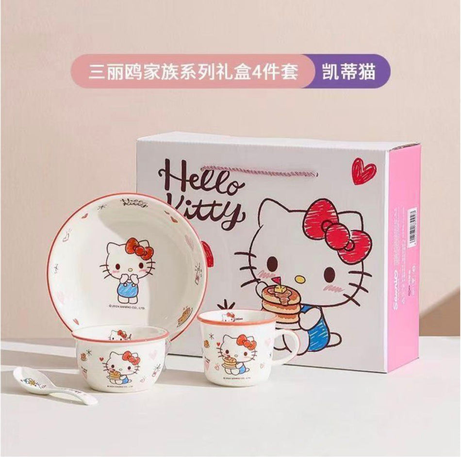 Hello Kitty 4-Piece Kids Dinner Set – Premium Ceramic Bowl, Plate, Cup & Spoon Gift Set