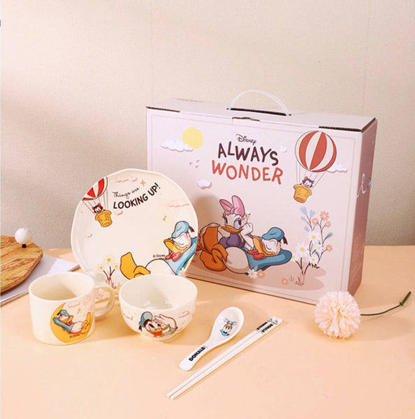 Disney Donald Duck 5-Piece Kids Dinner Set – Premium Ceramic Plate, Bowl, Cup, Spoon & Chopsticks Gift Set