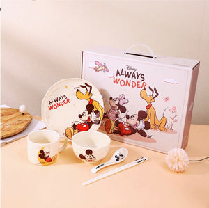 Disney Mickey Mouse 5-Piece Kids Dinner Set – Premium Ceramic Plate, Bowl, Cup, Spoon & Chopsticks Gift Set