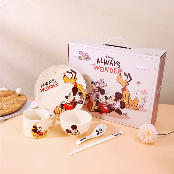 Disney Mickey Mouse 5-Piece Kids Dinner Set – Premium Ceramic Plate, Bowl, Cup, Spoon & Chopsticks Gift Set