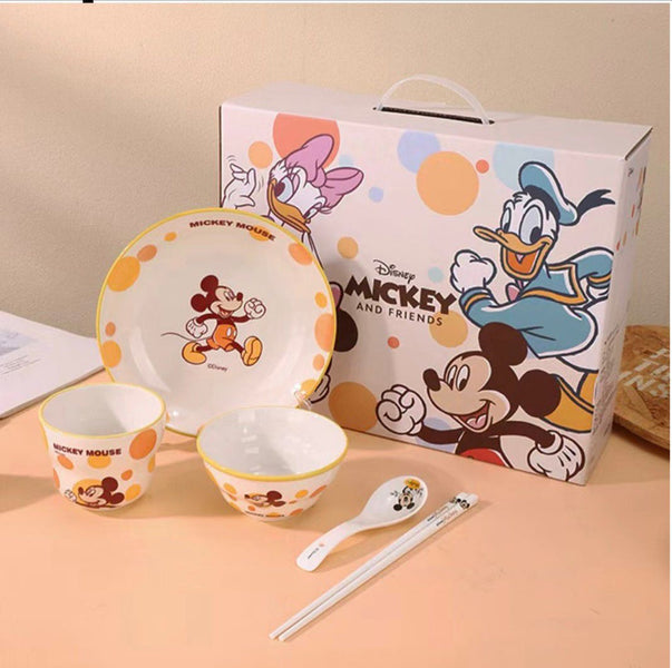 Disney Mickey Mouse 5-Piece Kids Dinner Set – Premium Ceramic Plate, Bowl, Cup, Spoon & Chopsticks Gift Set (Mickey & Friends Edition)