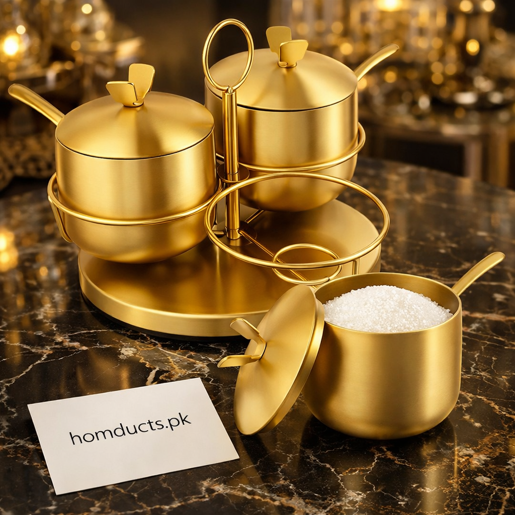 Luxury Gold Stainless Steel Condiment & Spice Pot Set with Stand – Premium Kitchen Serving Jars (3-Piece)