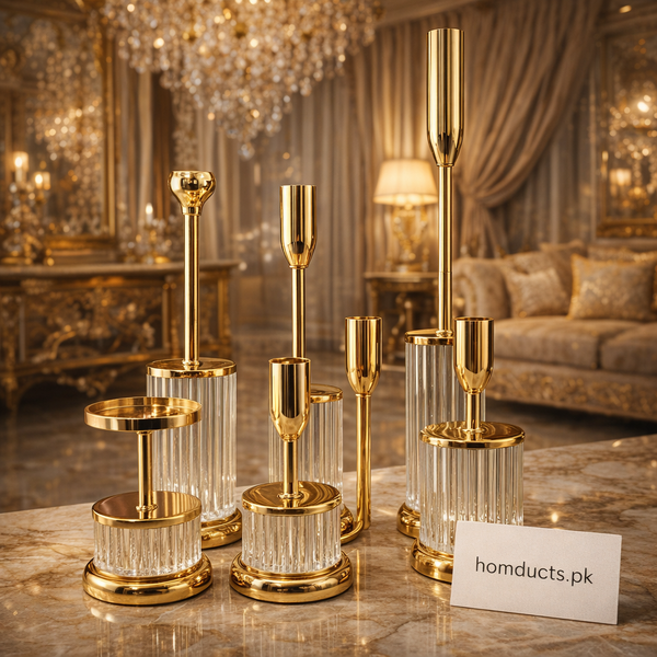 Luxury Gold Crystal Candle Holder Set (6-Piece) | Premium Home Décor – Homducts.pk