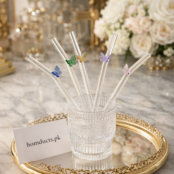 Butterfly Charm Glass Straw Set – 6Pcs Reusable Straws with Cleaner