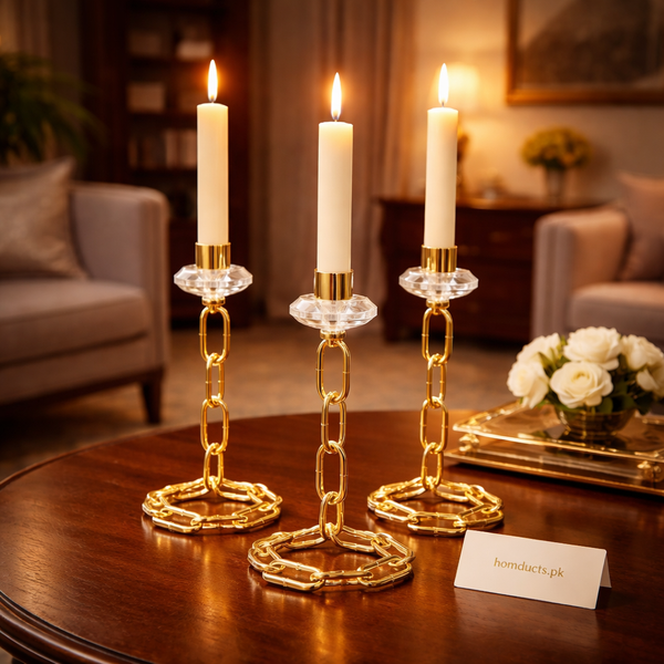 Luxury Chain Link Metal Candle Stand Set – 3 Piece Crystal Base Decorative Candlestick Holders