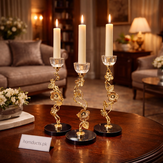 Luxury Floral Metal Candle Stand Set (3 Pieces) – Premium Table Décor Accent