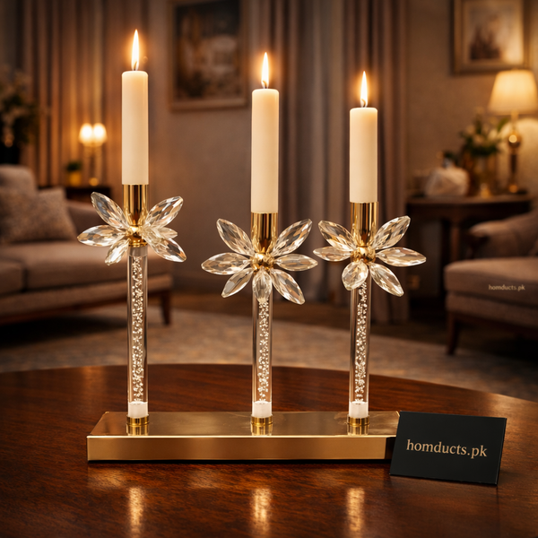 Luxury Crystal Floral 3-Piece Candle Stand Base – Elegant Metal & Glass Table Decor