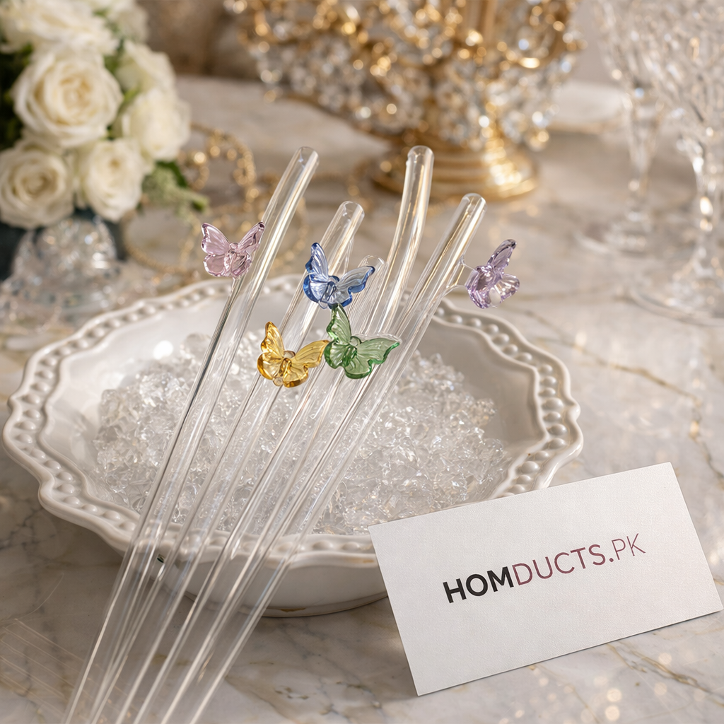 Butterfly Charm Glass Straw Set – 6Pcs Reusable Straws with Cleaner
