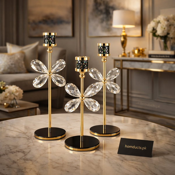 Luxury Crystal Flower Candle Holder Set – Elegant Gold Decorative Centerpiece (3-Piece)