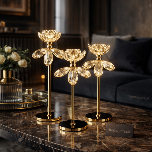 Luxury Crystal Flower Candle Holders – Premium Decorative Table Accent Set (3 Pieces)