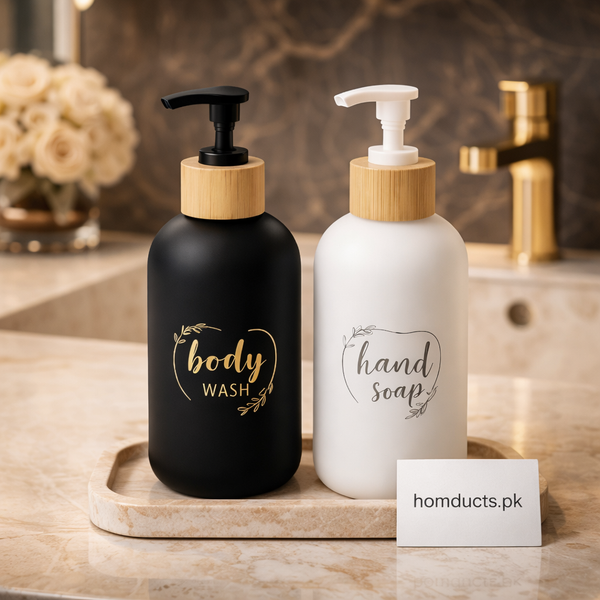Luxury Bamboo Soap Dispenser Set (2-Piece) with Wooden Tray – Hand Soap & Body Wash | Homducts.pk
