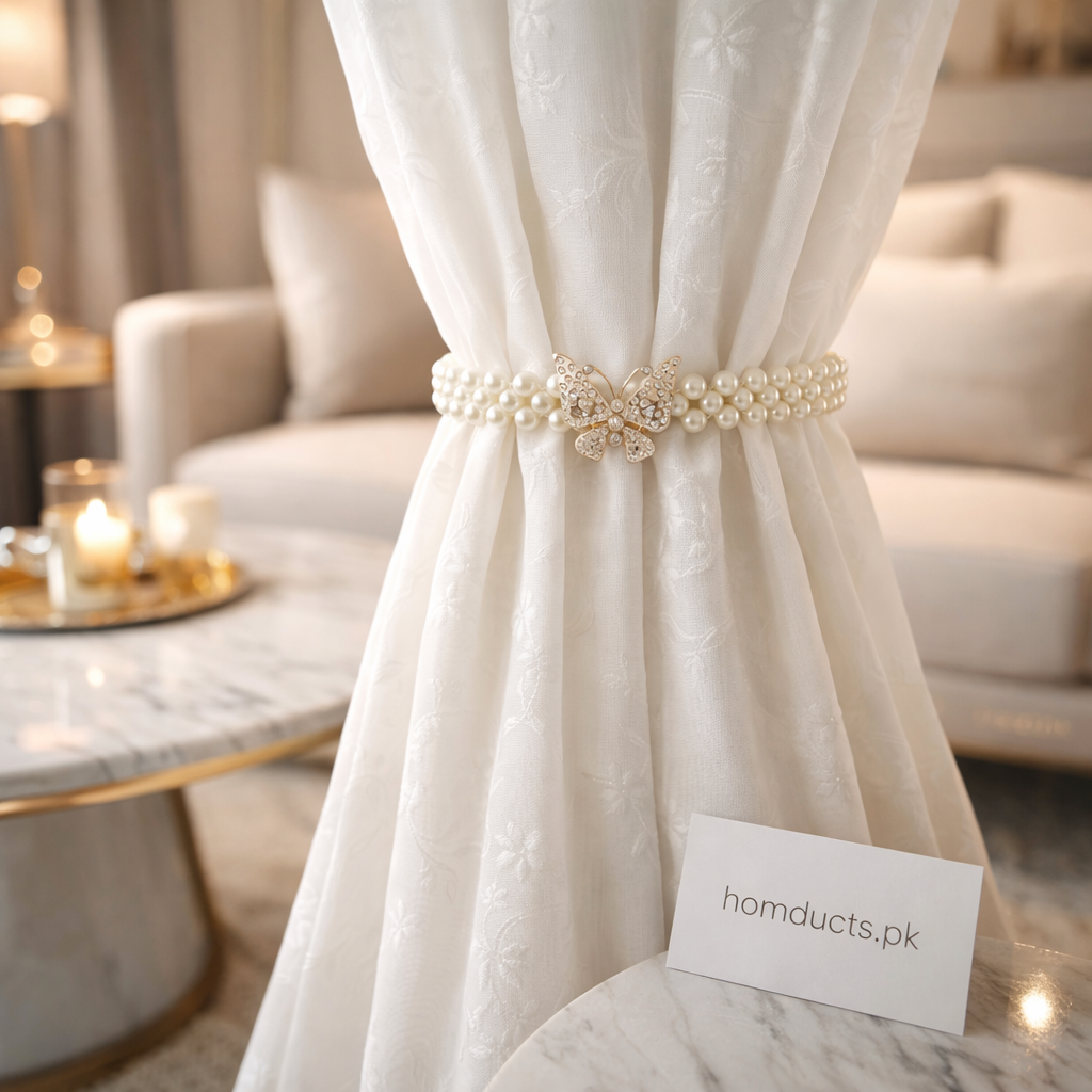 Luxury Pearl Curtain Tieback with Butterfly Crystal Clip – Elegant Drapery Holder Pair