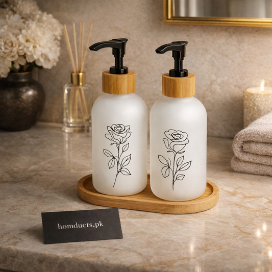 Luxury Frosted Glass Soap Dispenser Set (2-Piece) with Bamboo Tray – Rose Design