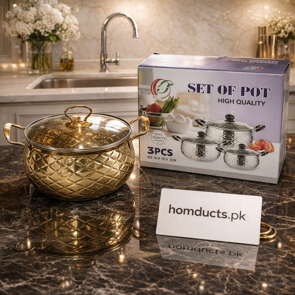 Luxury Gold Stainless Steel Cooking Pot Set (3-Piece) | Premium Hammered Design