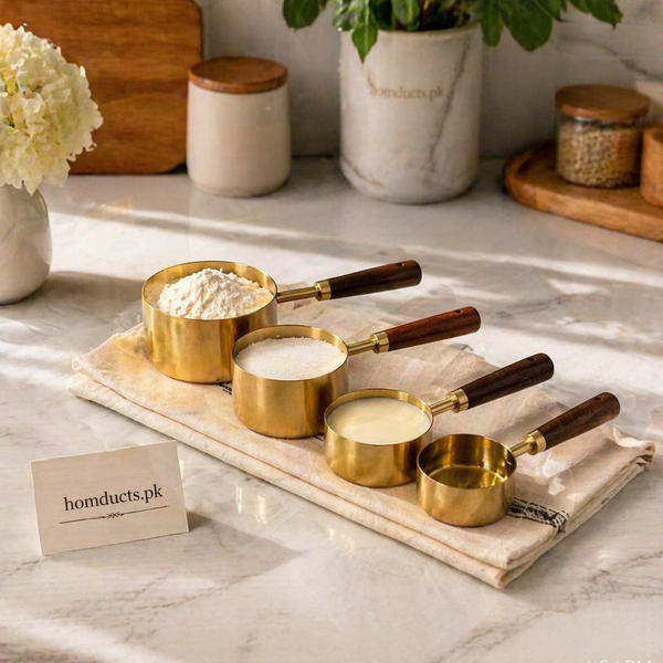 Premium Brass Measuring Cup Set with Wooden Handle – Multi Size Kitchen Measuring Cups