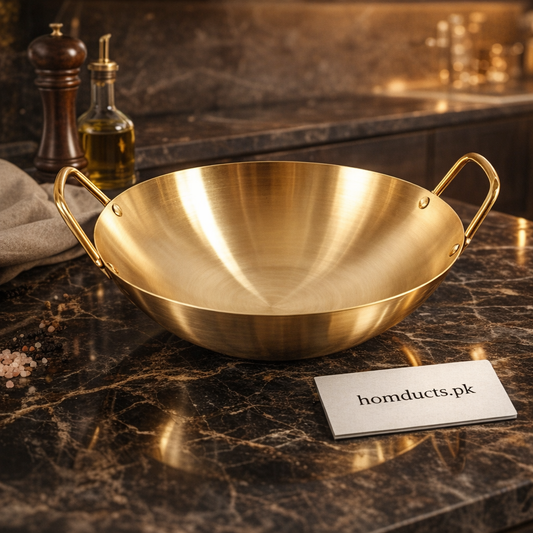 Premium Handcrafted Brass Wok (Kadai) with Dual Handles – Heavy-Duty Luxury Cookware
