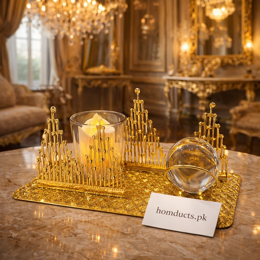 Luxury Gold Decorative Candle Tray Set with Crystal Accent – Premium Home Décor | Homducts.pk