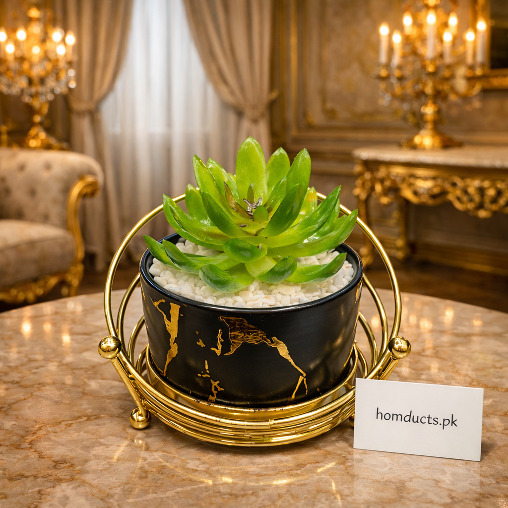 Luxury Artificial Succulent Plant with Black Marble Pot & Gold Stand – Elegant Home Décor