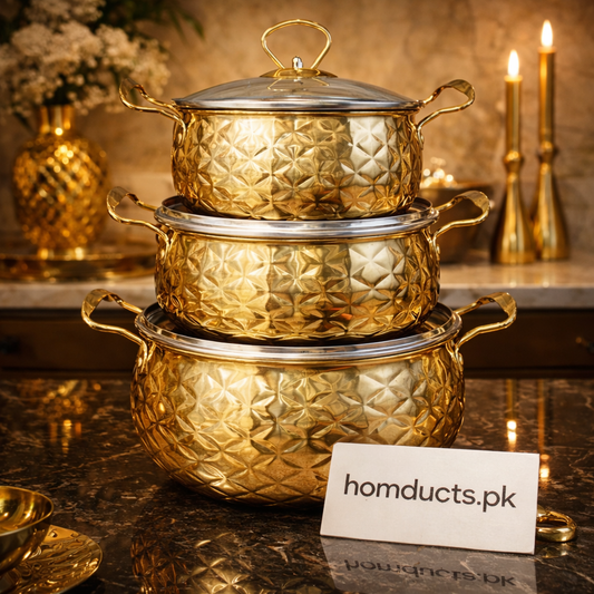 Luxury Gold Stainless Steel Cooking Pot Set (3-Piece) | Premium Hammered Design