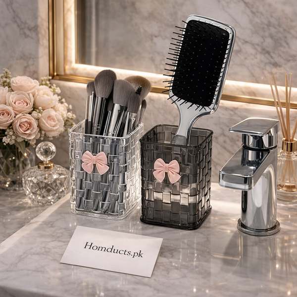 Luxury Acrylic Makeup Brush Organizer with Bow Design – Elegant Vanity Storage Holder