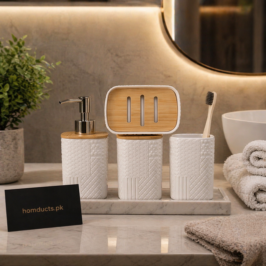 Premium 4-Piece Bathroom Accessories Set with Soap Dispenser, Toothbrush Holder & Bamboo Soap Dish