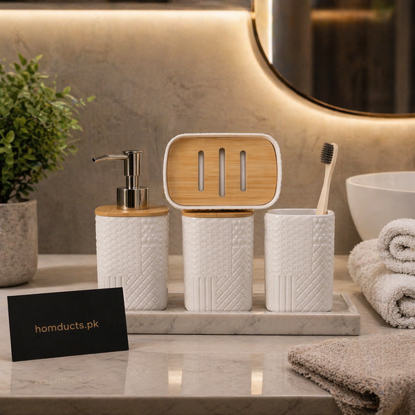 Premium 4-Piece Bathroom Accessories Set with Soap Dispenser, Toothbrush Holder & Bamboo Soap Dish