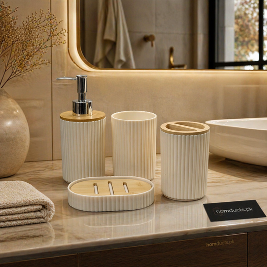 Luxury Ribbed Ceramic Bathroom Accessory Set with Wooden Accents (4-Piece Organizer Set)