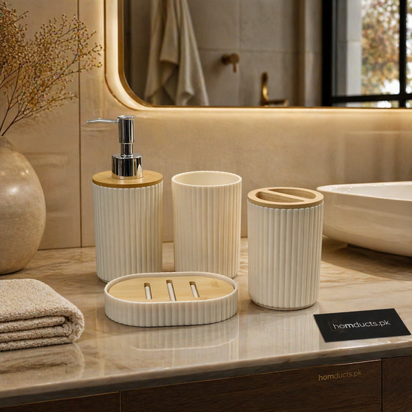 Luxury Ribbed Ceramic Bathroom Accessory Set with Wooden Accents (4-Piece Organizer Set)