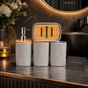 Luxury Textured Bathroom Accessories Set with Bamboo Lid & Soap Dispenser – 4 Piece Vanity Organizer