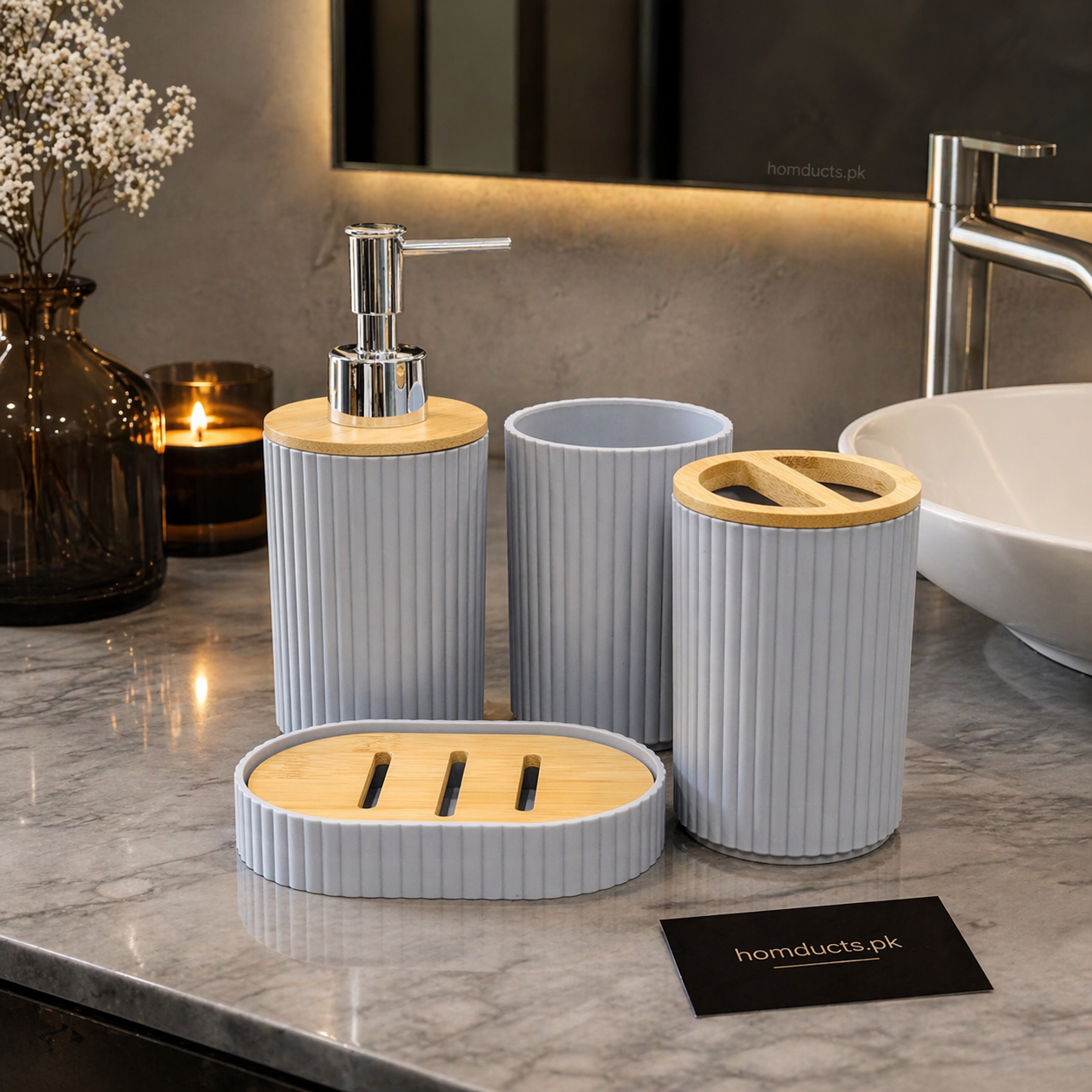 Premium Ribbed Bathroom Accessories Set with Bamboo Lid – Soap Dispenser, Toothbrush Holder & Soap Tray Set