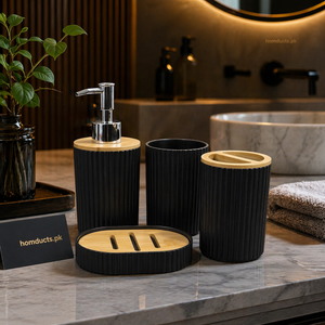 Premium Ribbed Bathroom Accessory Set with Wooden Accents – Soap Dispenser, Toothbrush Holder & Soap Dish Set
