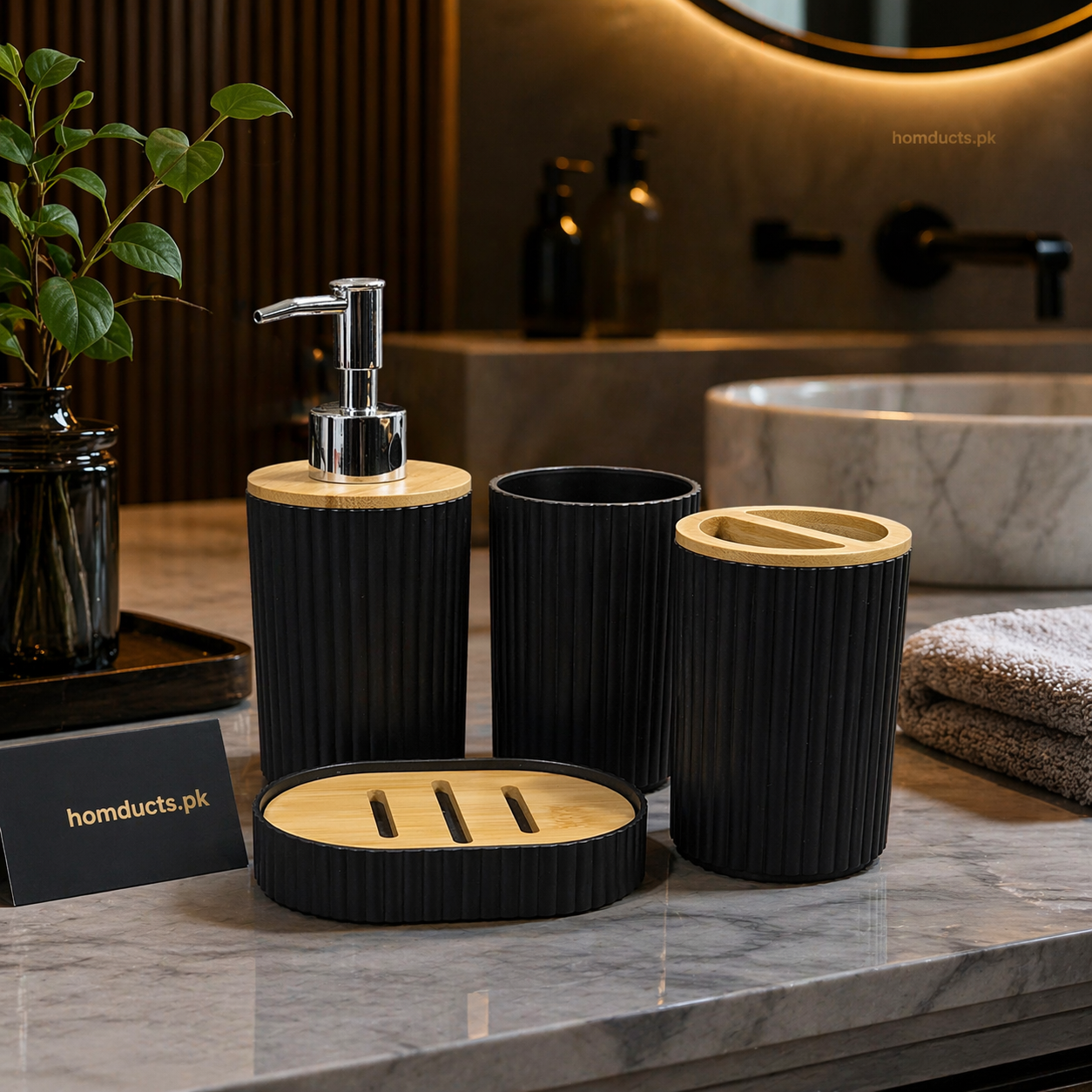 Premium Ribbed Bathroom Accessory Set with Wooden Accents – Soap Dispenser, Toothbrush Holder & Soap Dish Set