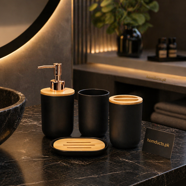 Luxury Matte Bathroom Accessories Set with Bamboo Lid – Soap Dispenser, Toothbrush Holder & Tray
