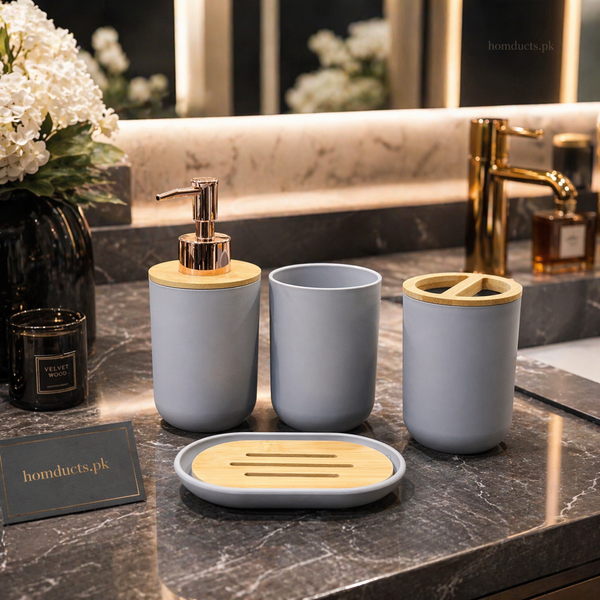 Luxury Minimalist Bathroom Accessories Set with Soap Dispenser, Toothbrush Holder & Tray