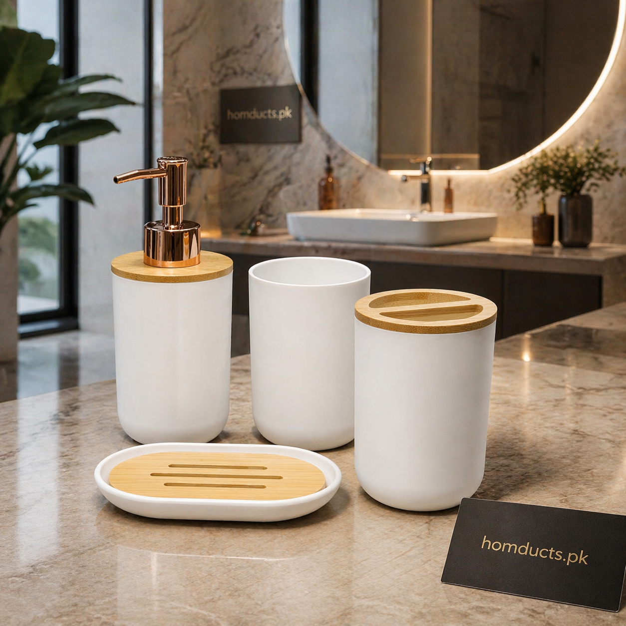 Luxury Minimalist Bathroom Accessory Set – Soap Dispenser, Toothbrush Holder & Organizer Tray